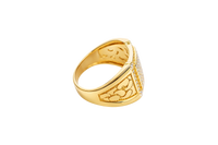 14KT Gold Ring Men's Square White Round CZ Stones Raised Center Square Plain Border Second Border White CZ Stone Border Corner Design Four Slightly Larger White CZ Stones Side Design Nugget Print / Plain Side Design Border