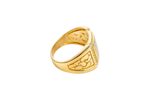 14KT Gold Ring Men's Square White Round CZ Stones Raised Center Square Plain Border Second Border White CZ Stone Border Corner Design Four Slightly Larger White CZ Stones Side Design Nugget Print / Plain Side Design Border