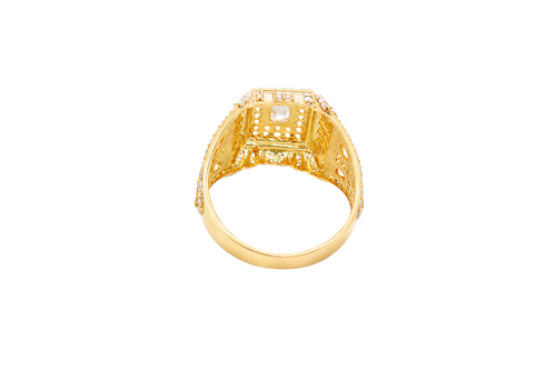 14KT Gold Ring Men's Rectangle Raised White CZ Center Stone Plain Border White CZ Stone Head Plain Border Shank Design Triple Row Stones Above Marquise Flower Shape Stones Plain Border CZ Stone Galaxy Pattern