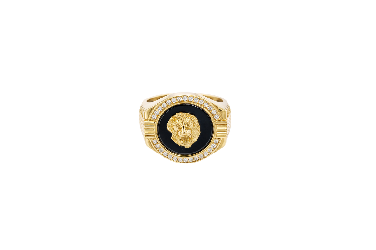 14KT Gold Ring Men's Onyx Raised Gold Lion Head White CZ Stoned Border Framed with Five Row Bridge Side Design Ascending Steps Under Continued Five Row Bridge