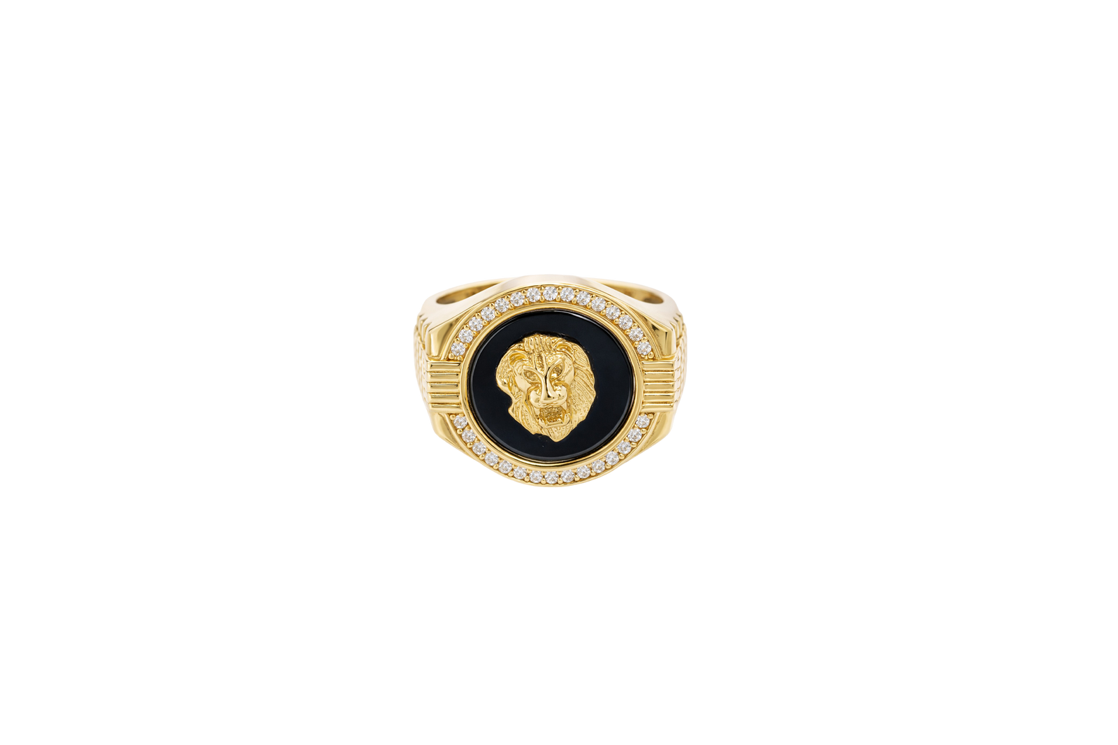 14KT Gold Ring Men's Onyx Raised Gold Lion Head White CZ Stoned Border Framed with Five Row Bridge Side Design Ascending Steps Under Continued Five Row Bridge