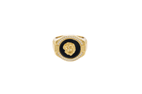 14KT Gold Ring Men's Onyx Raised Gold Lion Head White CZ Stoned Border Framed with Five Row Bridge Side Design Ascending Steps Under Continued Five Row Bridge