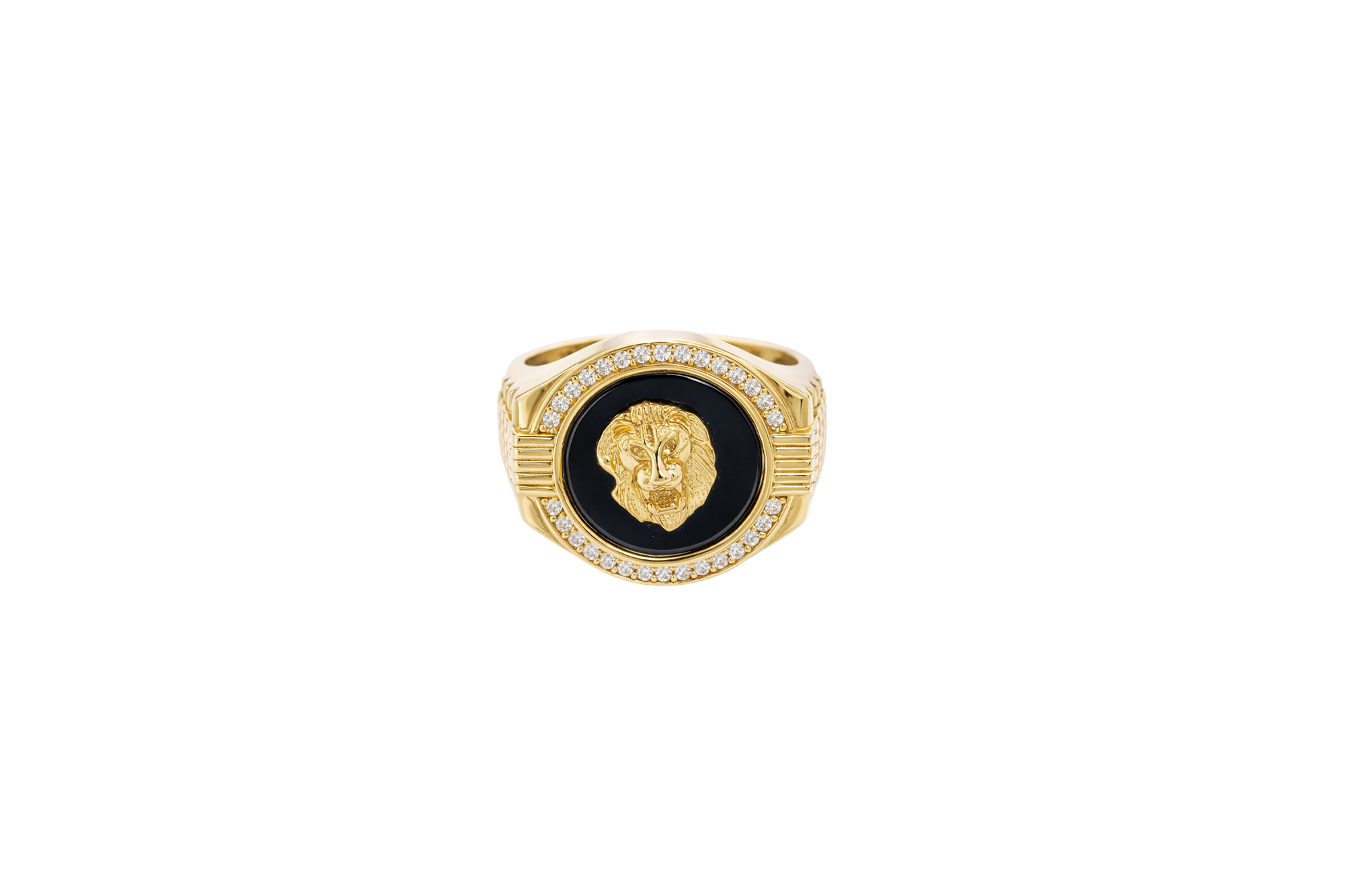 14KT Gold Ring Men's Onyx Raised Gold Lion Head White CZ Stoned Border Framed with Five Row Bridge Side Design Ascending Steps Under Continued Five Row Bridge