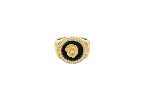 14KT Gold Ring Men's Onyx Raised Gold Lion Head White CZ Stoned Border Framed with Five Row Bridge Side Design Ascending Steps Under Continued Five Row Bridge