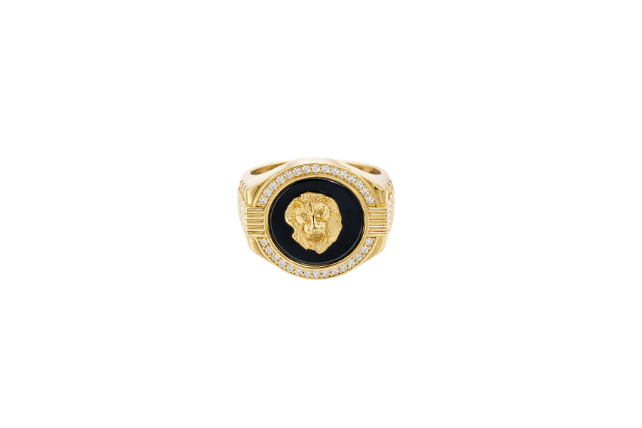 14KT Gold Ring Men's Onyx Raised Gold Lion Head White CZ Stoned Border Framed with Five Row Bridge Side Design Ascending Steps Under Continued Five Row Bridge