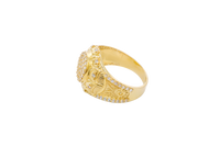 14KT Gold Ring Men's Round White CZ Stones Plain Border White CZ Stone Edge Shank CZ Stone Wreath above Abstract Butterfly Center with U-shaped White CZ Stone Border