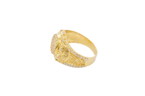 14KT Gold Ring Men's Round White CZ Stones Plain Border White CZ Stone Edge Shank CZ Stone Wreath above Abstract Butterfly Center with U-shaped White CZ Stone Border