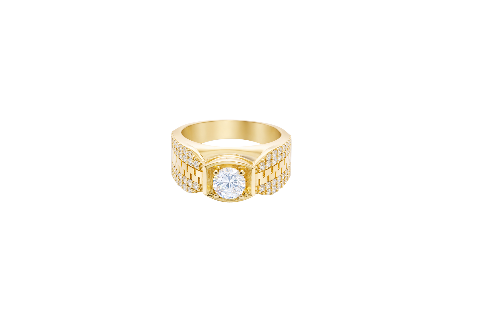 14KT Gold Ring Men's Square White CZ Round Center Stone Plain Platform Border Side Design Double Row White CZ Stones with Zig Zag Zipper Print