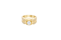 14KT Gold Ring Men's Square White CZ Round Center Stone Plain Platform Border Side Design Double Row White CZ Stones with Zig Zag Zipper Print