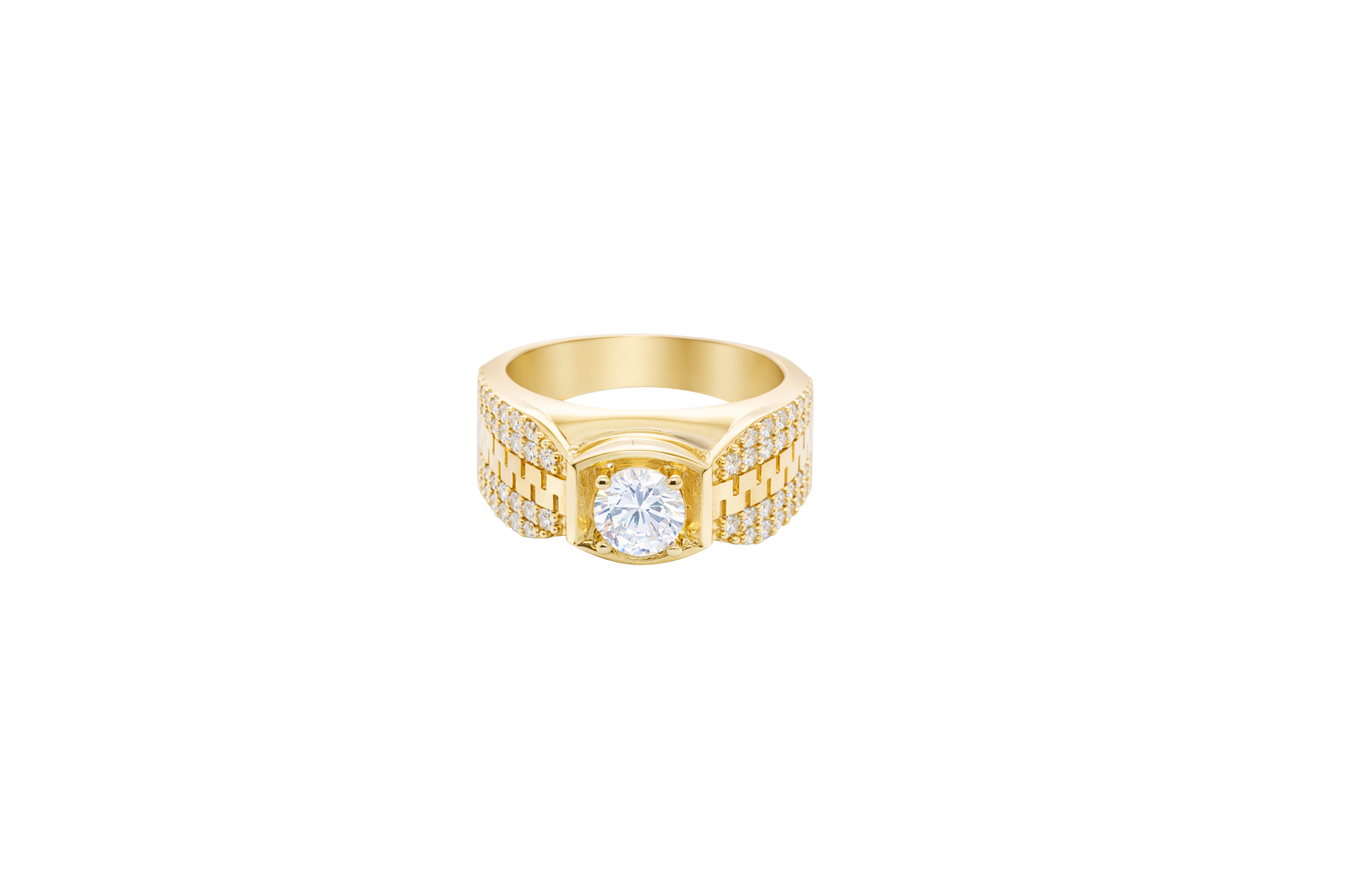 14KT Gold Ring Men's Square White CZ Round Center Stone Plain Platform Border Side Design Double Row White CZ Stones with Zig Zag Zipper Print