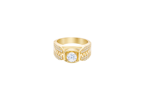 14KT Gold Ring Men's Square White CZ Round Center Stone Plain Platform Border Side Design Double Row White CZ Stones with Zig Zag Zipper Print