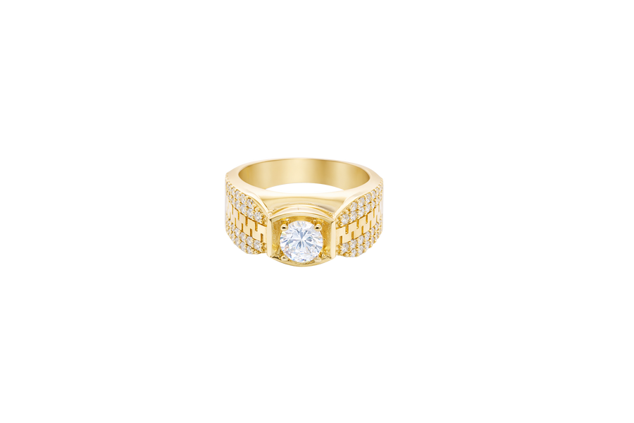 14KT Gold Ring Men's Square White CZ Round Center Stone Plain Platform Border Side Design Double Row White CZ Stones with Zig Zag Zipper Print