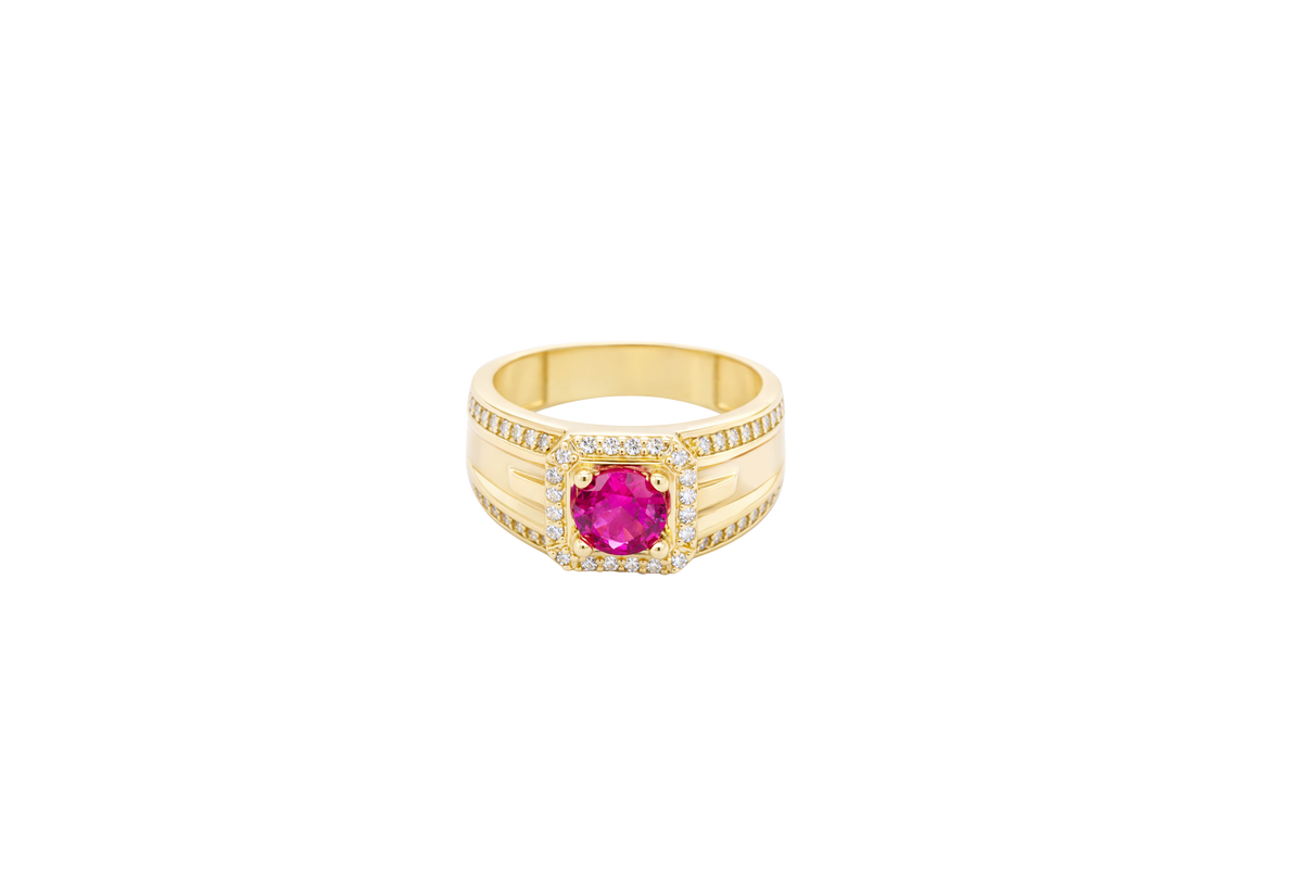 14KT Gold Ring Men's Square Red Round CZ 14KT Gold Men's Ring Square Red Round CZ Center Stone White CZ Stone Border Side Design White CZ Stones Plain Stone White CZ Stone Border Side Design White CZ Stones Plain