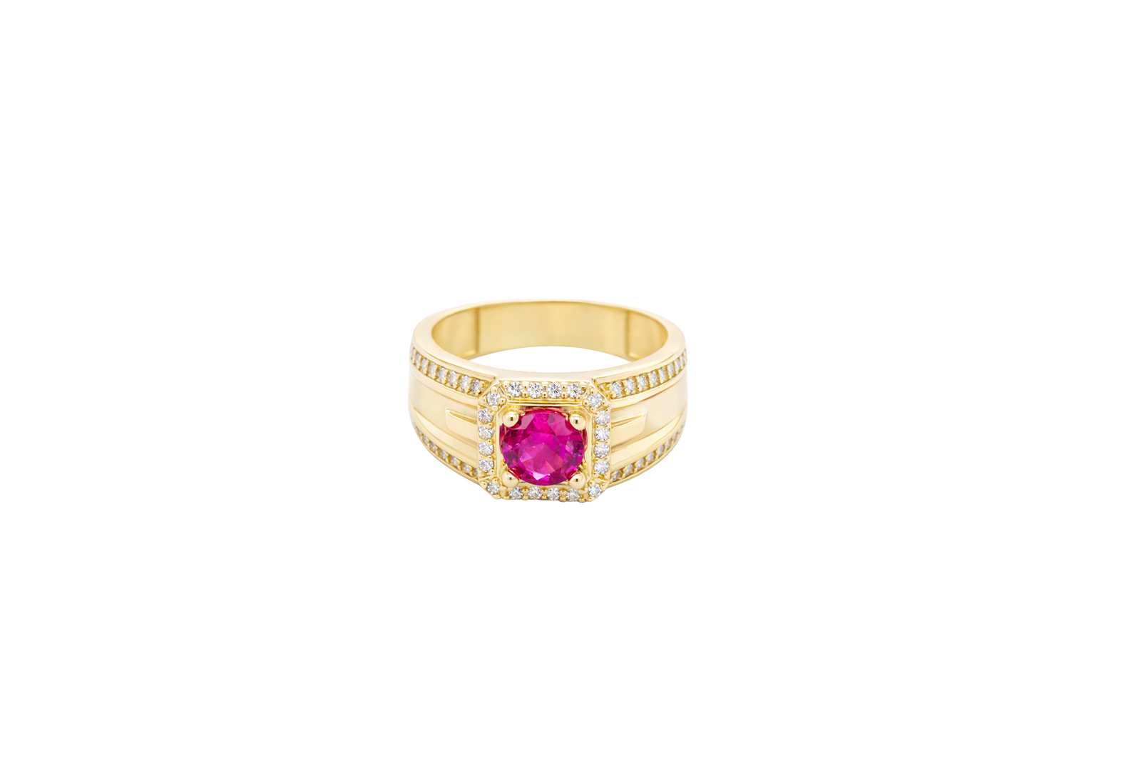 14KT Gold Ring Men's Square Red Round CZ 14KT Gold Men's Ring Square Red Round CZ Center Stone White CZ Stone Border Side Design White CZ Stones Plain Stone White CZ Stone Border Side Design White CZ Stones Plain