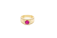 14KT Gold Ring Men's Square Red Round CZ 14KT Gold Men's Ring Square Red Round CZ Center Stone White CZ Stone Border Side Design White CZ Stones Plain Stone White CZ Stone Border Side Design White CZ Stones Plain