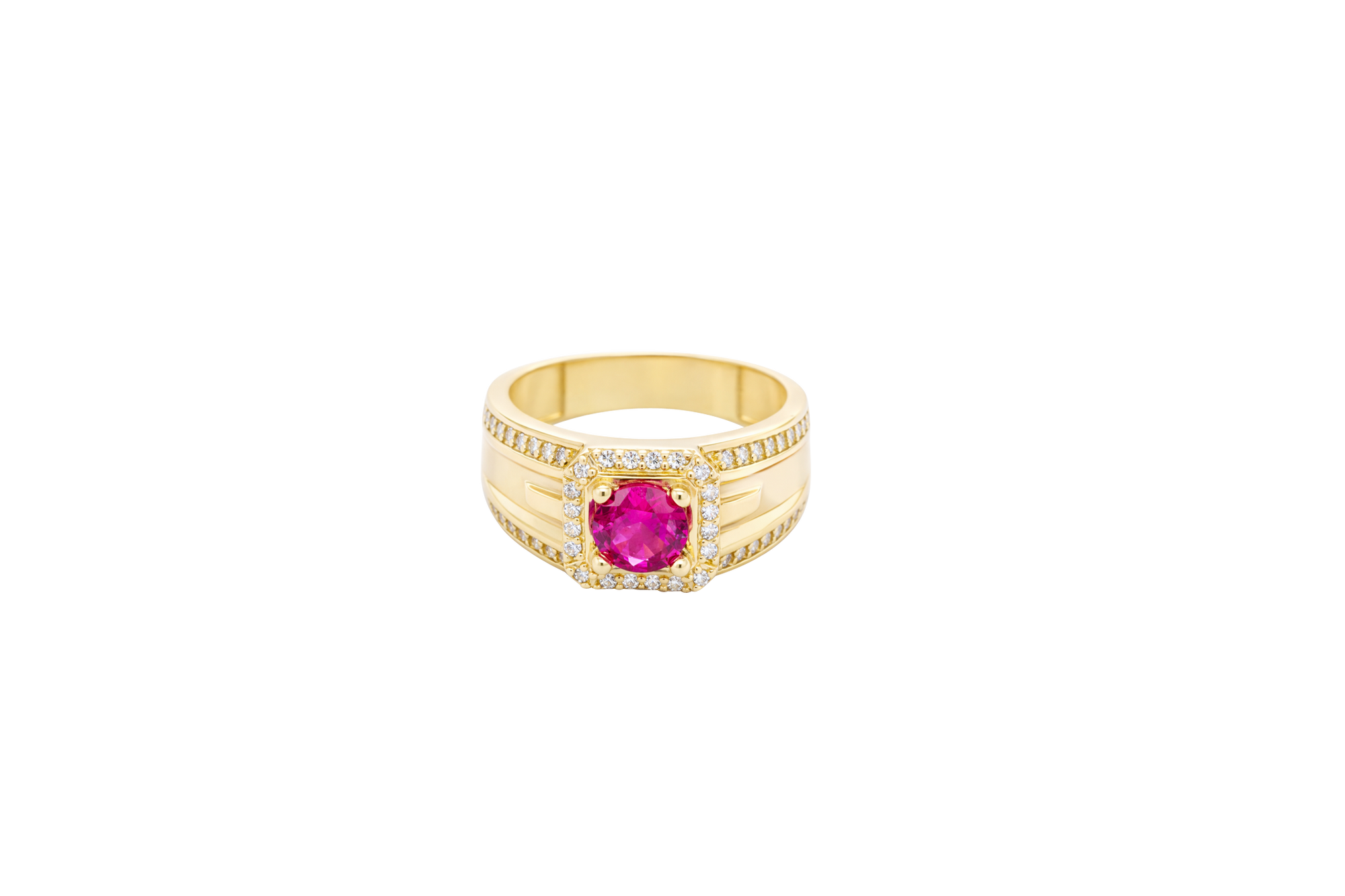 14KT Gold Ring Men's Square Red Round CZ 14KT Gold Men's Ring Square Red Round CZ Center Stone White CZ Stone Border Side Design White CZ Stones Plain Stone White CZ Stone Border Side Design White CZ Stones Plain