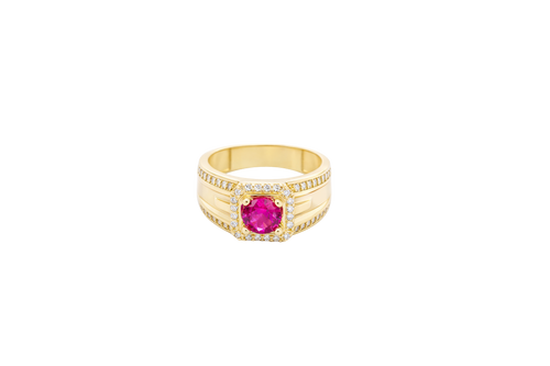 14KT Gold Ring Men's Square Red Round CZ 14KT Gold Men's Ring Square Red Round CZ Center Stone White CZ Stone Border Side Design White CZ Stones Plain Stone White CZ Stone Border Side Design White CZ Stones Plain