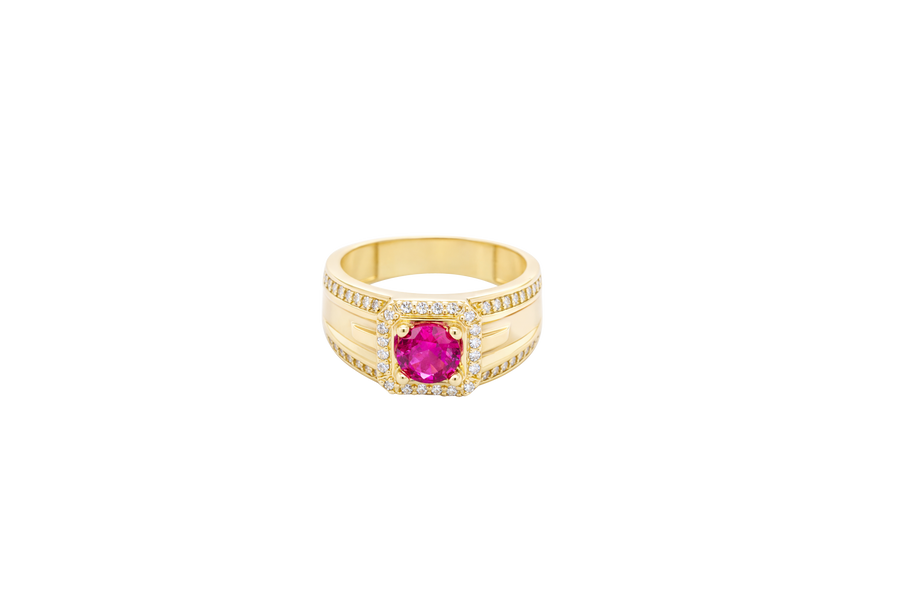14KT Gold Ring Men's Square Red Round CZ 14KT Gold Men's Ring Square Red Round CZ Center Stone White CZ Stone Border Side Design White CZ Stones Plain Stone White CZ Stone Border Side Design White CZ Stones Plain