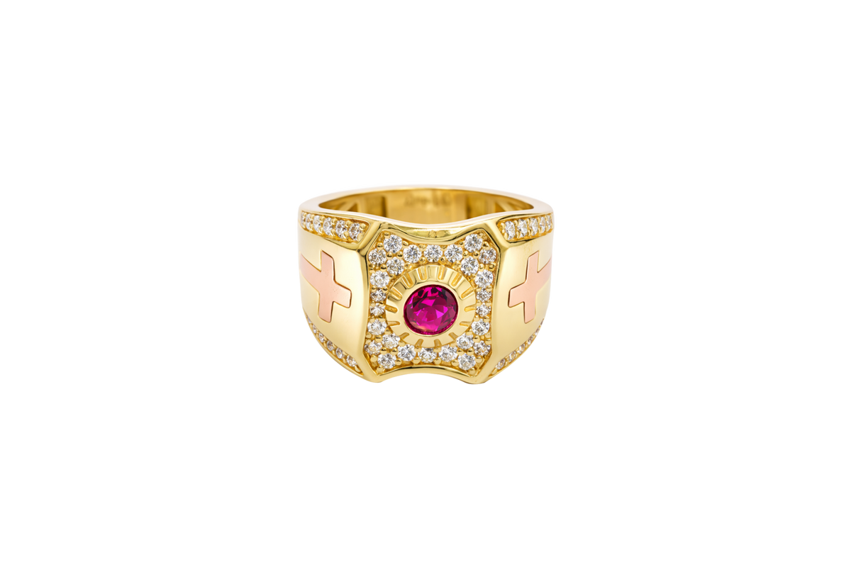 14KT Gold Ring Men's Rectangle Shape Center Platform Red Round Center CZ Stone with White CZ Stones Background Two Tone Cross on Sides with White CZ Stones Border