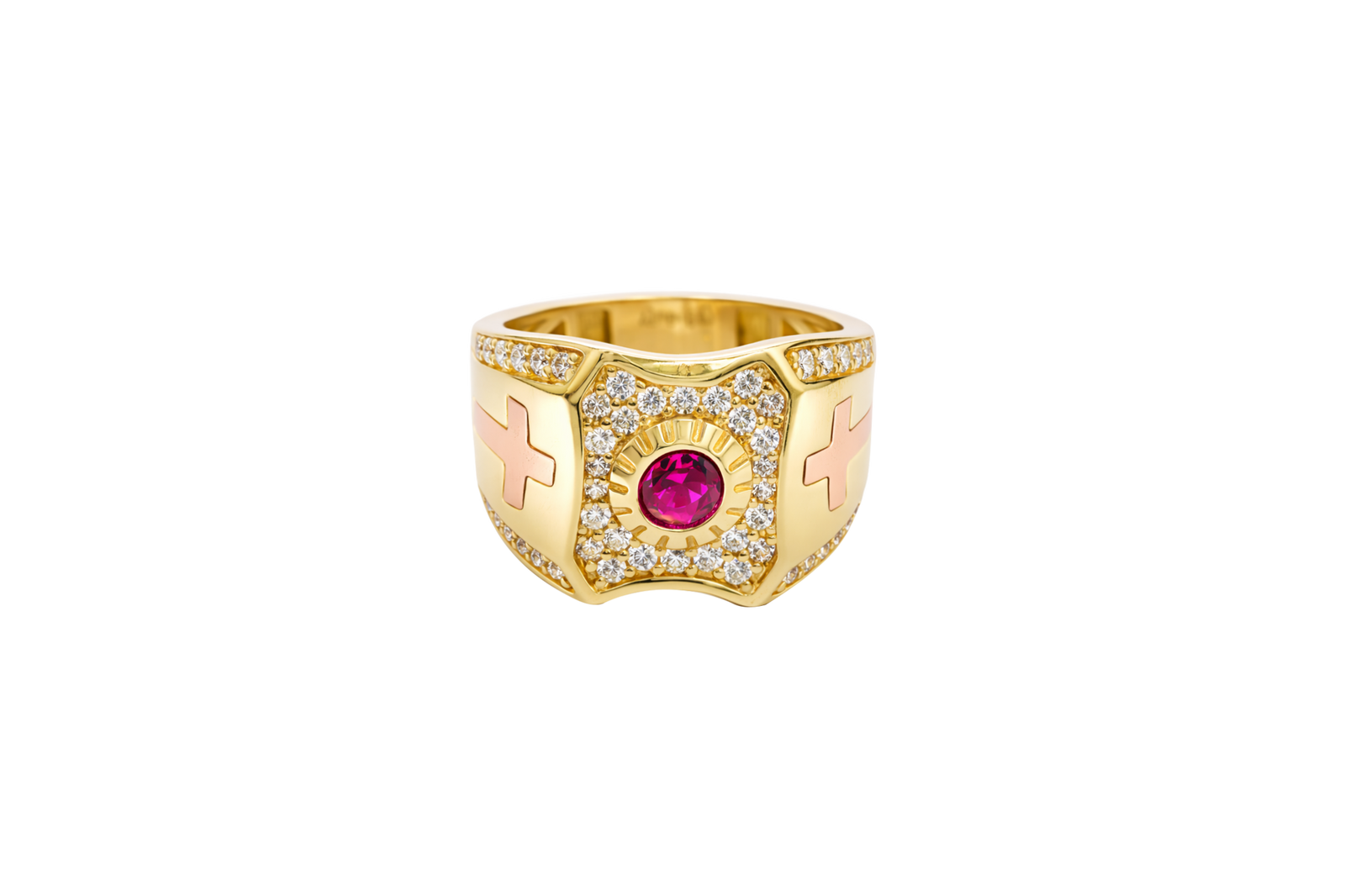 14KT Gold Ring Men's Rectangle Shape Center Platform Red Round Center CZ Stone with White CZ Stones Background Two Tone Cross on Sides with White CZ Stones Border