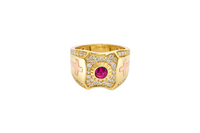 14KT Gold Ring Men's Rectangle Shape Center Platform Red Round Center CZ Stone with White CZ Stones Background Two Tone Cross on Sides with White CZ Stones Border