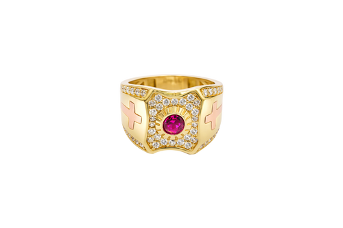 14KT Gold Ring Men's Rectangle Shape Center Platform Red Round Center CZ Stone with White CZ Stones Background Two Tone Cross on Sides with White CZ Stones Border