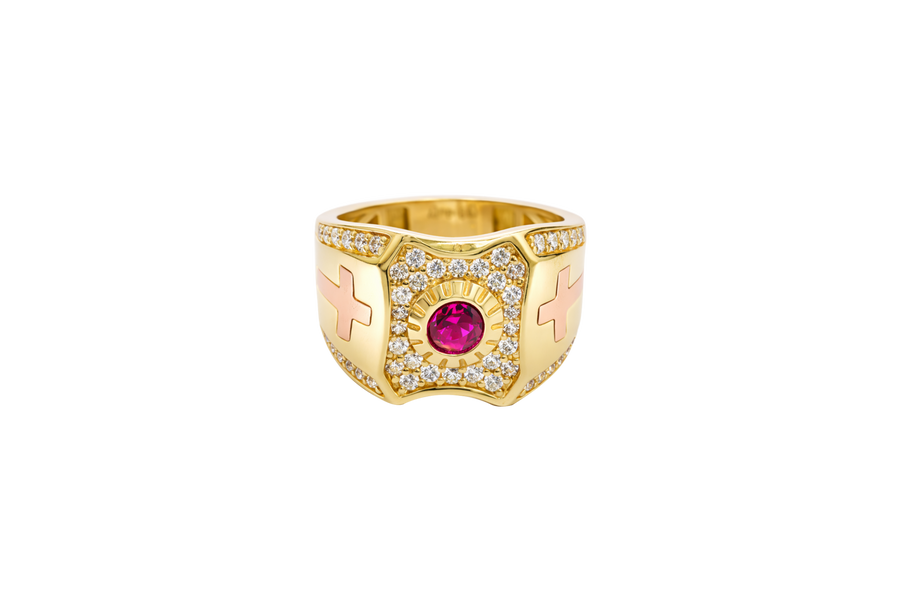 14KT Gold Ring Men's Rectangle Shape Center Platform Red Round Center CZ Stone with White CZ Stones Background Two Tone Cross on Sides with White CZ Stones Border