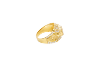 14KT Gold Ring Men's Oval White CZ Stone Platform Plain Border Corner Edge Design Four Triple Row White CZ Stones Band Ladder with White CZ Stone Border