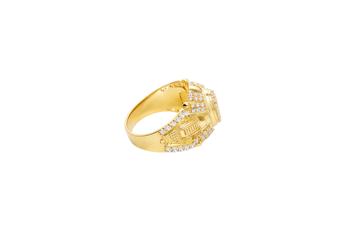 14KT Gold Ring Men's Oval White CZ Stone Platform Plain Border Corner Edge Design Four Triple Row White CZ Stones Band Ladder with White CZ Stone Border