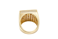14KT Gold Ring Men's Square Caridad Cobre Plain Border Center with Sunray Background and Double Row White CZ Side Stones Border