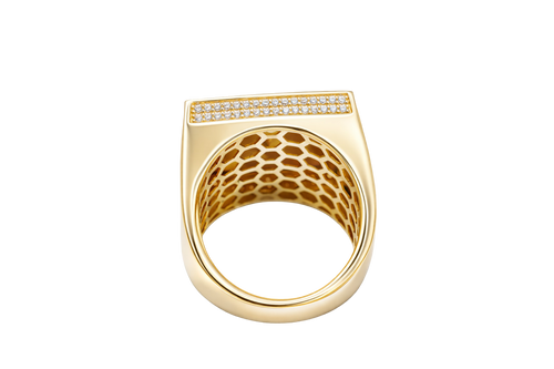 14KT Gold Ring Men's Square Caridad Cobre Plain Border Center with Sunray Background and Double Row White CZ Side Stones Border