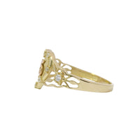 14KT Gold Ring Women's Quinceanera "15" Two Tone Sunray Heart Center White CZ Stone Border and Open Rose Vine Band