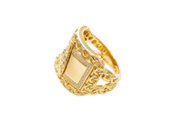 14KT Gold Ring Men's Curved Rectangle Caridad Cobre with White CZ Stones Border Chino Link Frame and Band
