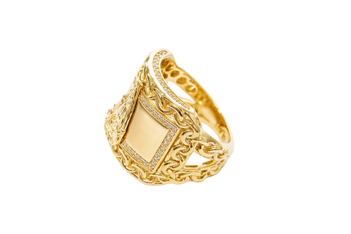 14KT Gold Ring Men's Curved Rectangle Caridad Cobre with White CZ Stones Border Chino Link Frame and Band