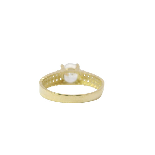 14KT Gold Ring Women's 4 Prong Round White CZ Stone Cushion Cut Solitaire with Double Row CZ Stone Scalloped Band