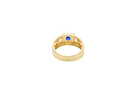 14KT Gold Ring Men's Blue Round CZ Center Stone Square White CZ Stone Border Band Design White CZ Stones Mariner Link