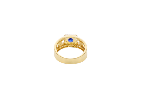 14KT Gold Ring Men's Blue Round CZ Center Stone Square White CZ Stone Border Band Design White CZ Stones Mariner Link