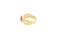 14KT Gold Ring Men's Square Red Round CZ Center Stone White CZ Stone Border Side Design White CZ Stones with Mariner Link
