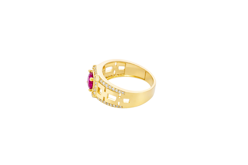 14KT Gold Ring Men's Square Red Round CZ Center Stone White CZ Stone Border Side Design White CZ Stones with Mariner Link