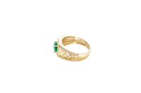 14KT Gold Ring Men's Square Green CZ Round Center Stone White CZ Stone Border Band Design Braid with Single Row White CZ Stones Border