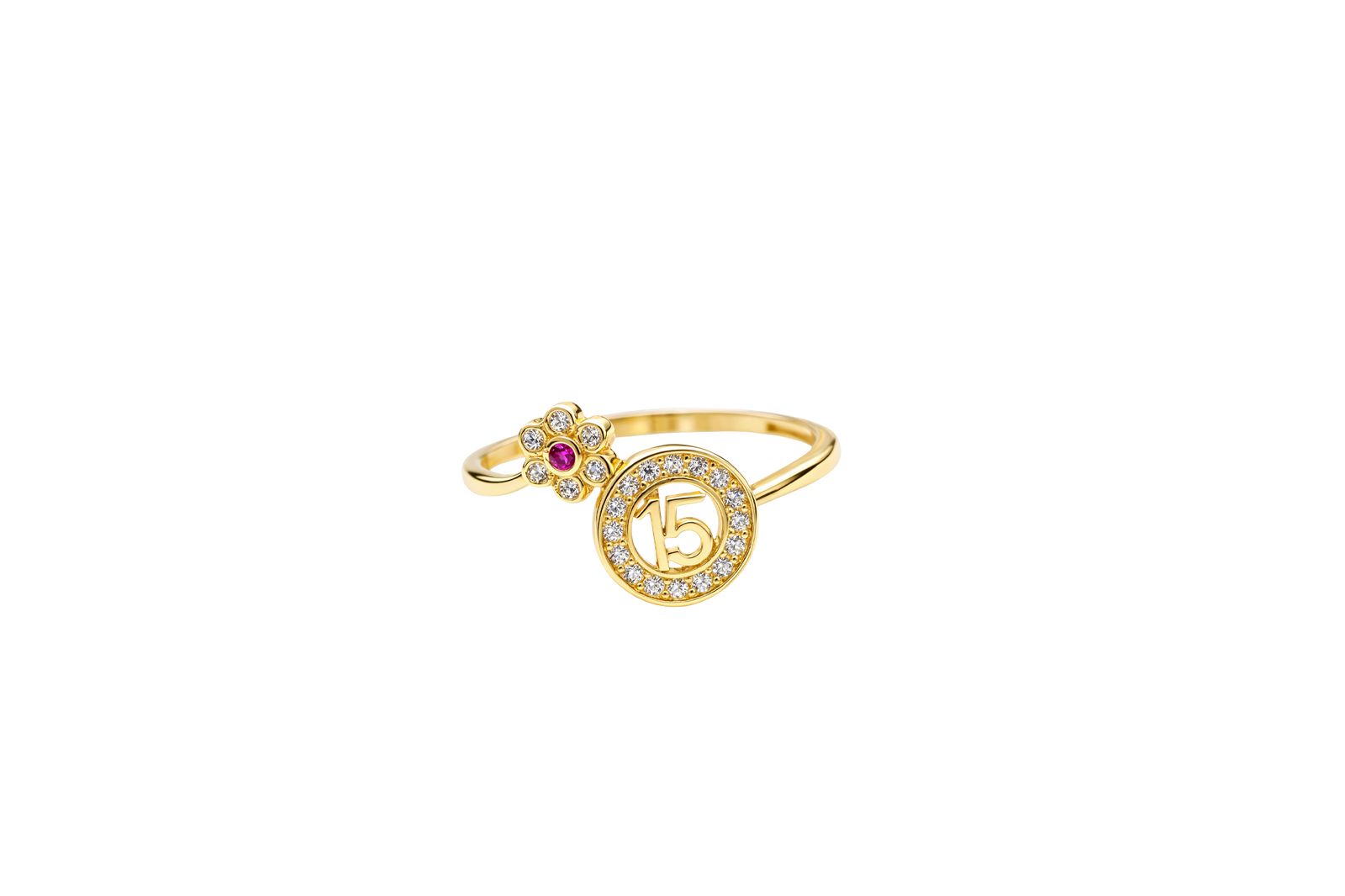 14KT Gold Ring Women's "15" Round Quinceanera White CZ Stones Border and Corner Six Petal White CZ Stones Flower with Dark Pink Center Plain Band