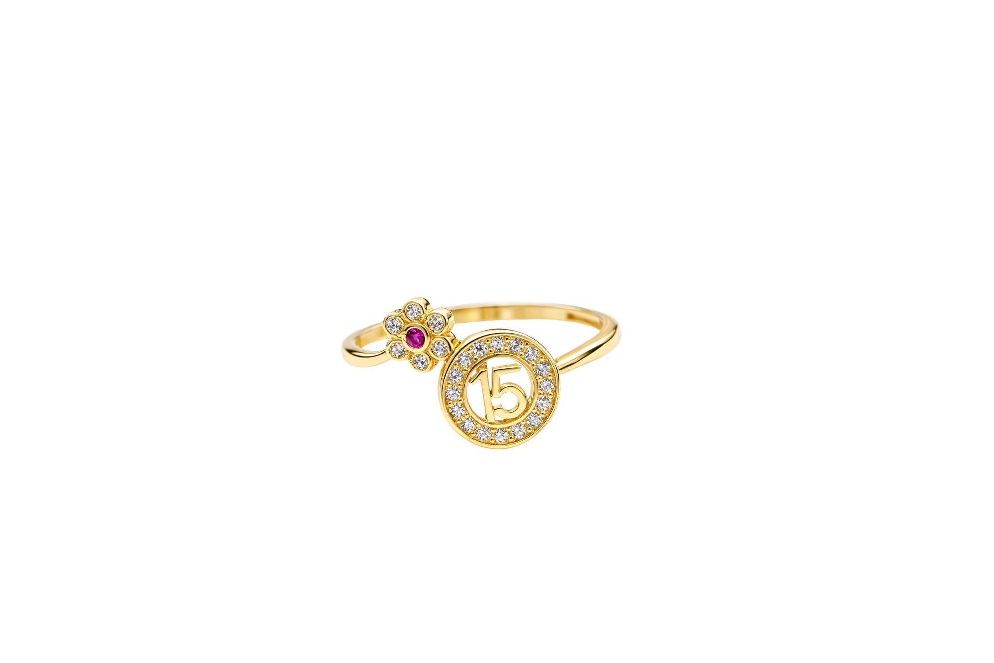 14KT Gold Ring Women's "15" Round Quinceanera White CZ Stones Border and Corner Six Petal White CZ Stones Flower with Dark Pink Center Plain Band