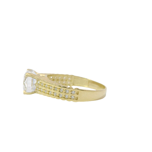14KT Gold Ring Women's 4 Prong Round White CZ Stone Cushion Cut Solitaire with Double Row CZ Stone Scalloped Band