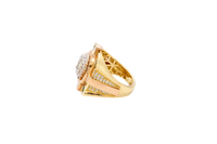 14KT Gold Ring Men's Tri Tone Raised Square/Oval Medusa Portrait with Sunray Background and Corner Design One Green CZ Stone in Each Corner Band Design Double Row White CZ Stone Interlocking Top/Side Cross