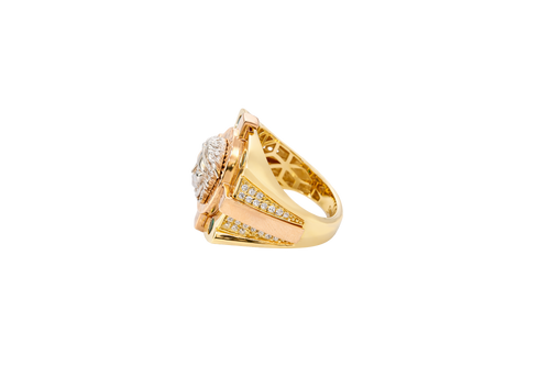 14KT Gold Ring Men's Tri Tone Raised Square/Oval Medusa Portrait with Sunray Background and Corner Design One Green CZ Stone in Each Corner Band Design Double Row White CZ Stone Interlocking Top/Side Cross