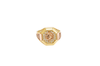 14KT Gold Ring Men's Two Tone Octagon Raised Half Horse Portrait with Horseshoe Frame White CZ Stones Background Plain Border White CZ Stone Band Design White CZ Stones in Raised Triangle Pattern Flanked by Two Smaller White CZ Stone Triangles
