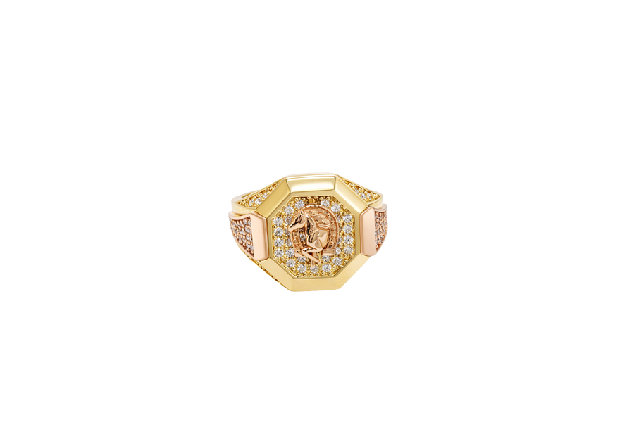 14KT Gold Ring Men's Two Tone Octagon Raised Half Horse Portrait with Horseshoe Frame White CZ Stones Background Plain Border White CZ Stone Band Design White CZ Stones in Raised Triangle Pattern Flanked by Two Smaller White CZ Stone Triangles