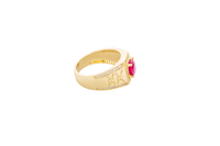 14KT Gold Ring Men's Square Red Round CZ Stone White CZ Stones Square Border with Side Design White CZ Stones Framing Two Dots in Center of "X" Design