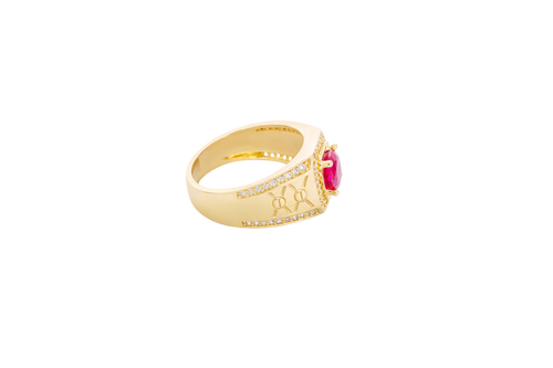 14KT Gold Ring Men's Square Red Round CZ Stone White CZ Stones Square Border with Side Design White CZ Stones Framing Two Dots in Center of "X" Design