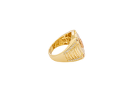 14KT Gold Ring Men's Round Two Tone Virgin Mary White CZ Stones Double Border with Four Slightly Larger Corner Stones and White CZ Stones on Curved Ridged Band